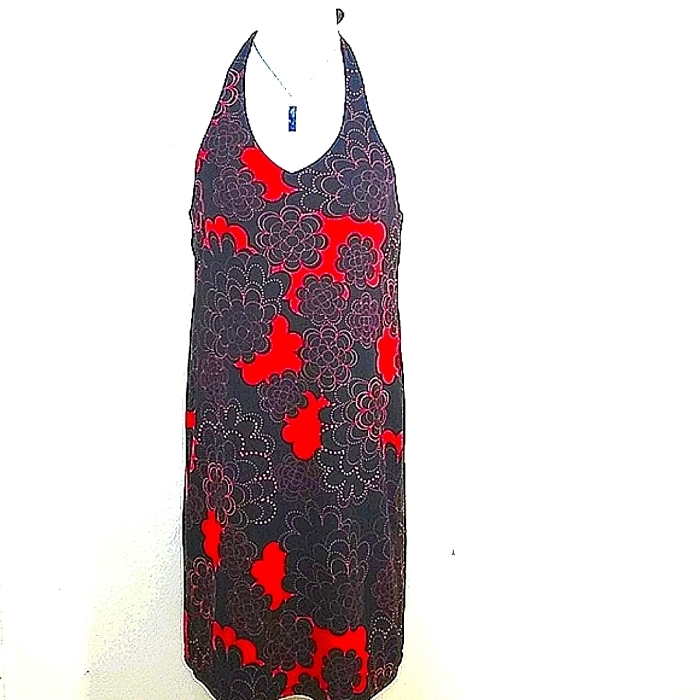 Mossimo Red Black Floral Halter Backless Midi Sundress Size M